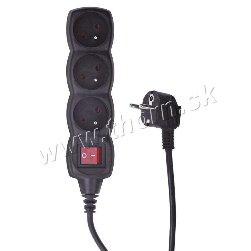 Predlžovací prívod s vypínačom čierny 3 zásuvky